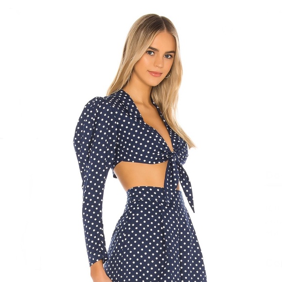 NEW WEWOREWHAT REVOLVE BLUE POLKA DOT TIE-FRONT CROP TOP - Picture 4 of 9